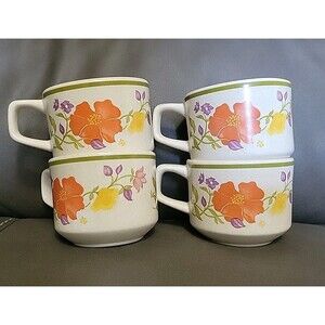 Lenox Floral Orange Yellow Purple White Coffee Mugs - Set of 4